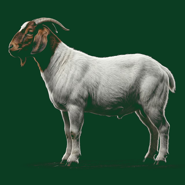 A Boer buck in profile, showing the white body, brown head and heavy muscling typical of the breed